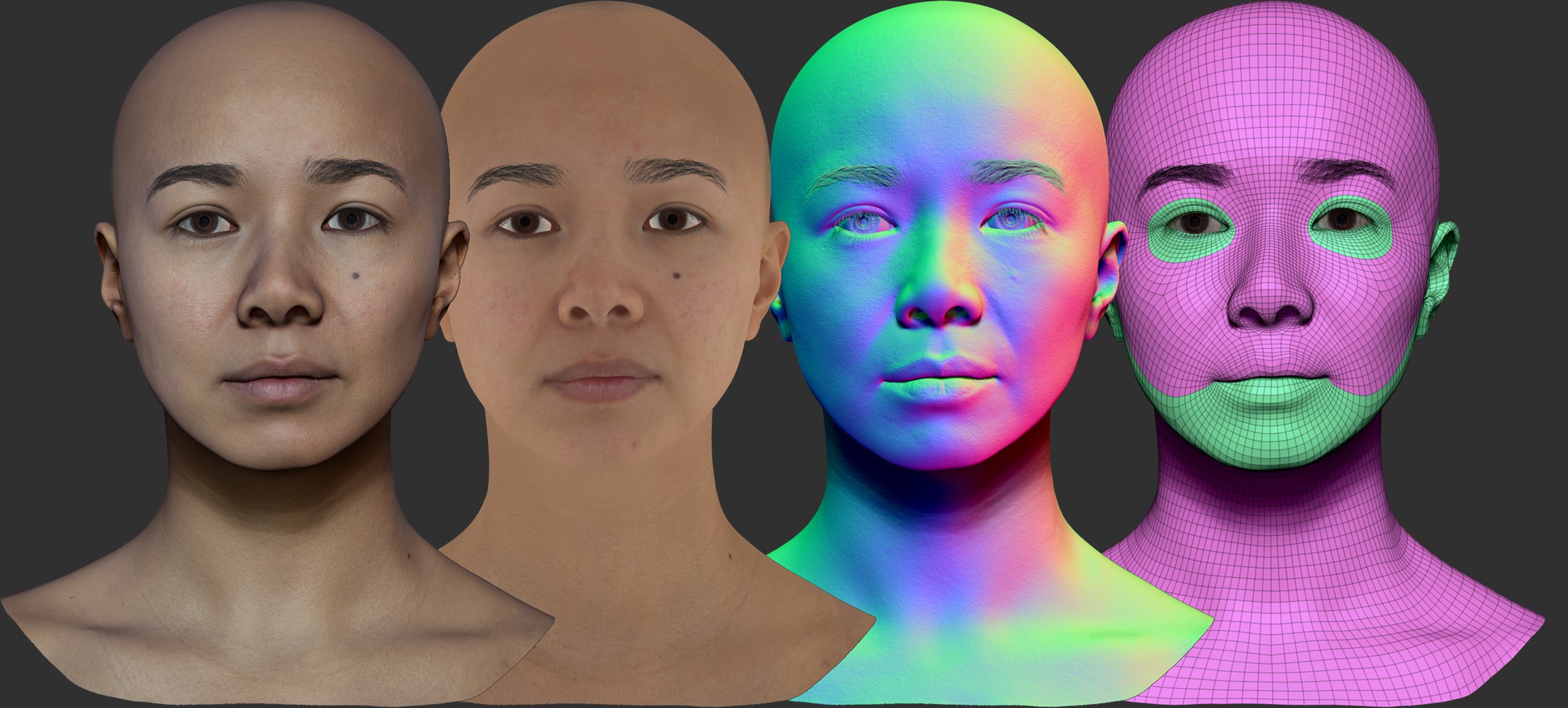 Face texture and normal maps with wireframe and uv maps